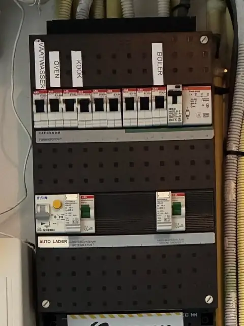 Voor: oude groepenkast met twee aardlekschakelaars in een woning in Bergschenhoek